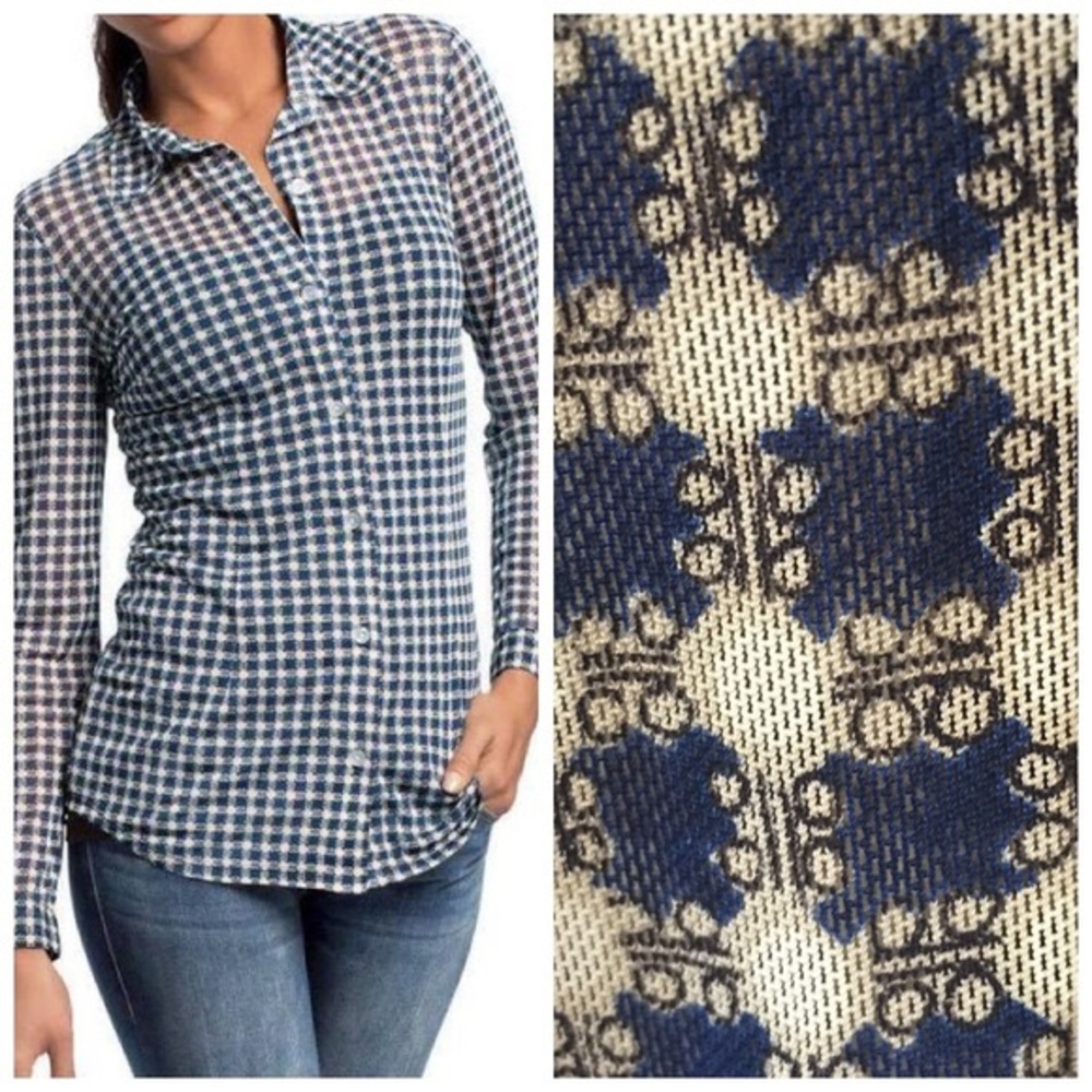 Cabi Sheer Navy Check Pattern Button Down Shirt - image 1